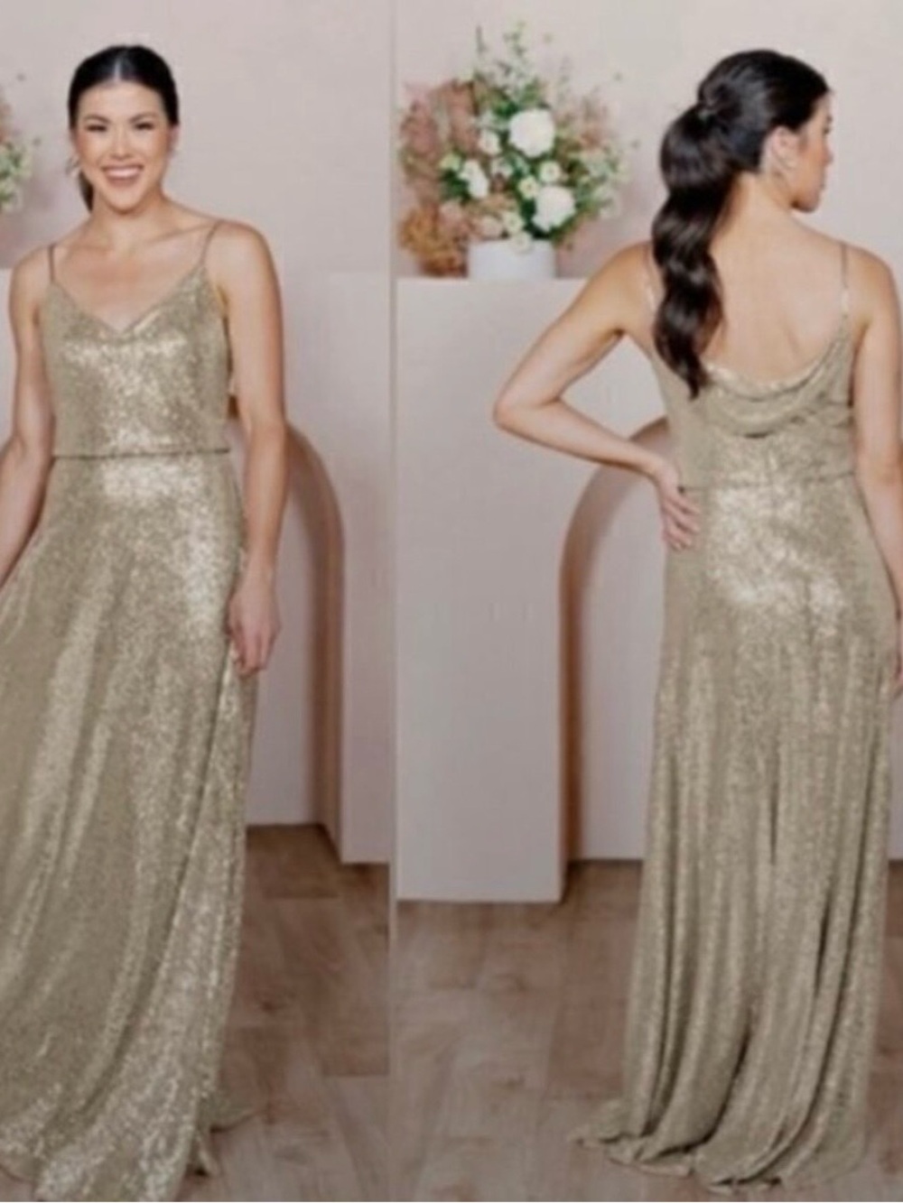 Revelry Hazel Gold Sequin Draped Back Evening Dress Wedding Black Tie Size 8